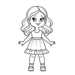 Cute cartoon girl in fancy dress outline for coloring on a white background