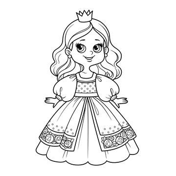 Cute cartoon princess girl in ball gown and little crown outline for coloring on a white background