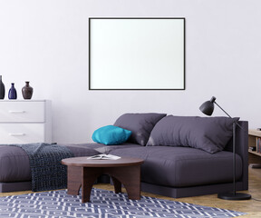 Mock up poster frame in interior background. 3D Illustration