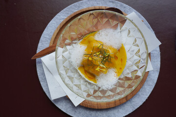 Prawn, fruity mango chutney, vadouvan oil, Highlands herb garden