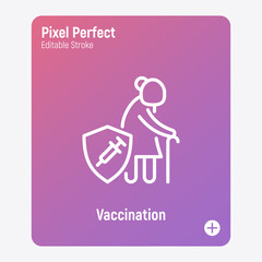 Coronavirus vaccination. Virus protection: elderly woman is protected by shield with vaccine. Immune system, antibiotics. Thin line icon. Pixel perfect, editable stroke. Vector illustration.