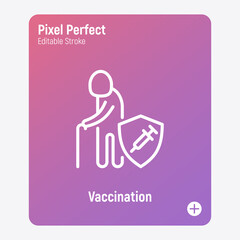 Coronavirus vaccination. Virus protection: elderly man is protected by shield with vaccine. Immune system, antibiotics. Thin line icon. Pixel perfect, editable stroke. Vector illustration.