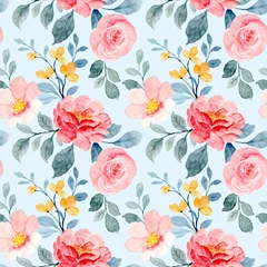Fototapeten Red and pink flower watercolor seamless pattern © Asrulaqroni