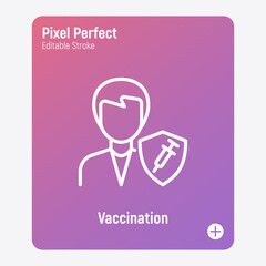 Coronavirus vaccination. Virus protection: man is protected by shield with vaccine. Immune system. Thin line icon. Pixel perfect, editable stroke. Vector illustration.