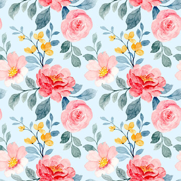 Red and pink flower watercolor seamless pattern