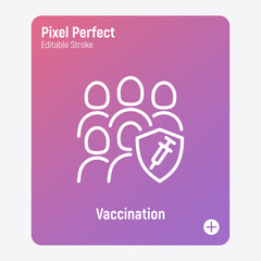 Massive coronavirus vaccination. Virus protection: group of people is protected by shield with vaccine. Immune system. Thin line icon. Pixel perfect, editable stroke. Vector illustration.