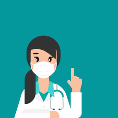 Woman doctor with medical mask on blue background. Winter precautions list.