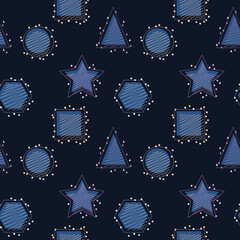Dark background with geometric shapes.