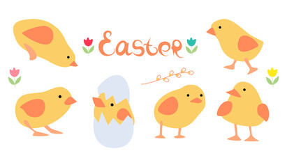Easter Set design elements with Chickens  twig willow spring flower tulips lettering cartoon doodle Easter collection Isolated element. Vector illustration.