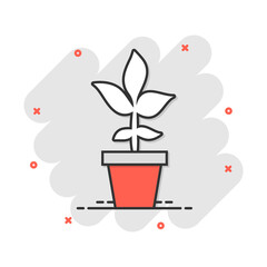 Vector cartoon flower pot icon in comic style. Seedling flower concept illustration pictogram. Floral leaf business splash effect concept.