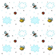Funny endless hand drawn background with cute bee, ladybug, dragon-fly and clouds. Cool vector illustration for kids, babies, fashion, texture, ornament.