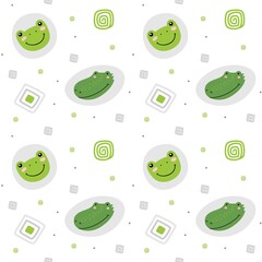 Funny endless hand drawn background with cute frog, crocodile and dots. Cool vector illustration for kids, babies, fashion, texture, ornament.