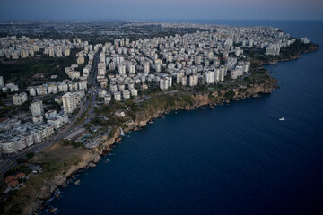 Naklejka premium Beautiful Mediterranean city at sunset, aerial view.