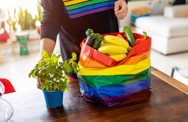 Young man wearing rainbow sweatshirt unpacking bag of food at home
