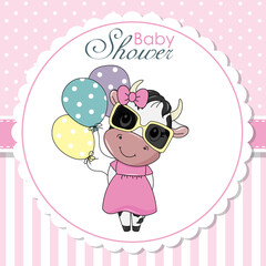 Baby shower card. Cute cow with balloons and sunglasses