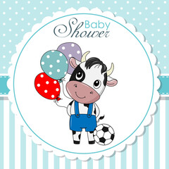 Baby shower card. Cute bull with balloons and soccer ball.