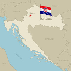 Fototapeta premium Highly detailed map of Croatia territory borders, South European country administrative map with Zagreb capital city and waving national flag vector illustration
