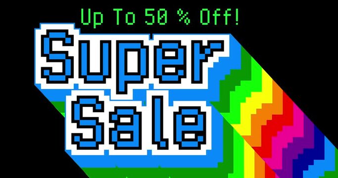 Pixel Art words on old computer screen. Super Sale. Up To 50% Off! 4k animation footage with colorful letters.