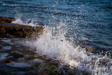 Turquoise sea stone beach, breaking waves in bright sunlight. Colorful bright sea background.