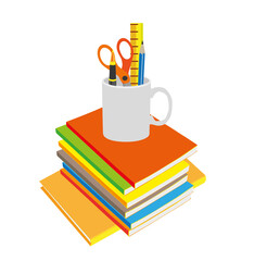 Books and office supplies, vector illustration, white background