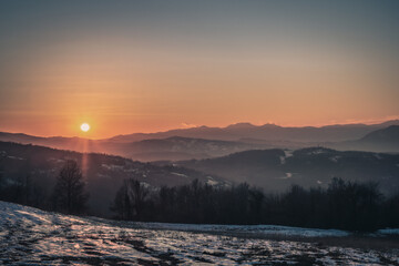 Sunset on the Appenine mountain ridge in Emilia and Romagna. Bologna province, Emilia-Romagna, Italy. © GiorgioMorara