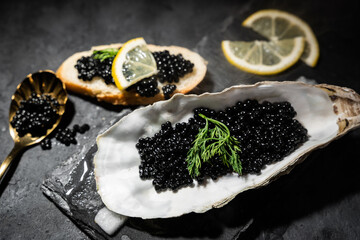 Black caviar in oyster shell on black slate background - obrazy, fototapety, plakaty