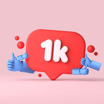 1 thousand followers social media banner thumbs up. 3D Rendering