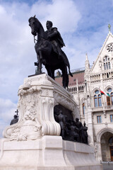 Fototapeta premium Budapest (Hungary). Equestrian sculpture of Count Gyula Andrássy next to the Budapest Parliament