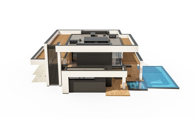 3d rendering of modern cozy house with pool and parking for sale or rent in luxurious style. Isolated on white