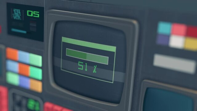 vintage computer monitor with a loading bar, progress from 0 to 100%, close-up, futuristic science fiction retro style (3d render)
