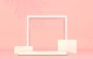 Neon circle frame and white pedestal, empty base. 3d render illustration. Space for brand promotion product. Creative pink background for advertising presentation. 