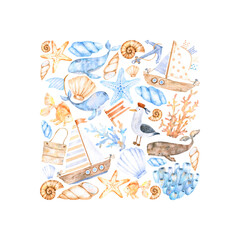 Composition square with watercolor sea elements of blue whale, seashells, coral and starfish in blue and beige tones.Great for cards, posters, coupons, baby products, decorative paper