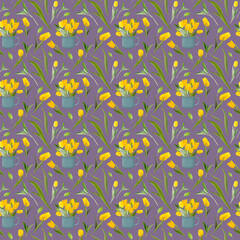 Spring tulips illustration, colorful seamless pattern, for design, card, print or background