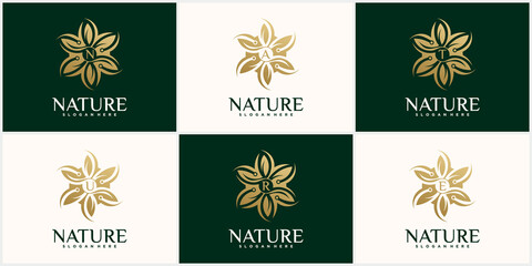 Set creative nature, beauty, flower leaf logo template in gold color