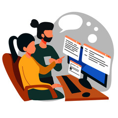 successful team Work together, talk, consult in front of the computer.Partnership Working concept Flat vector cartoon illustration.