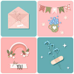 Fototapeta na wymiar Spring romantic greeting cards with flowers, envelope and rainbow in flat style. Vector stock illustration