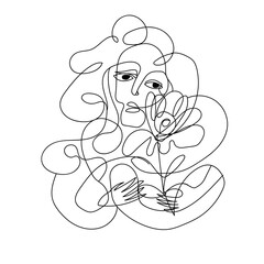 Black outline one line pretty woman with flower of home plants isolated on white in freehand style. Concept of love and friendship between human and flora. Sensual female character in hygge mood. 