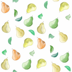 Seamless watercolor pattern, paper texture, pears on a light background.
