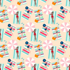 Summer vacation seaside sunbathing background seamless pattern. Hand drawn, relaxed beautiful people on the beach. Sexy girls lying on sand, top view vector