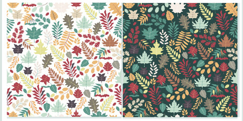 Set of seamless patterns with autumn leaves on a dark and light background. Trendy colors.