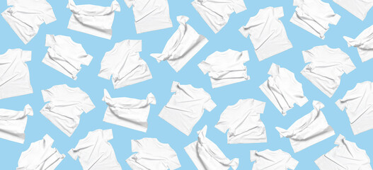 Pattern from White flying cotton T-shirt isolated on blue background. Clean white t-shirt for women or men. Classic Basic Unisex T-shirt. Branding clothes front view Mock up for your design