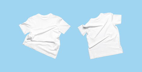White flying cotton T-shirt isolated on blue background. Clean white t-shirt for women or men....