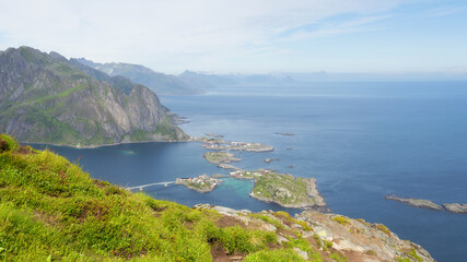 Fototapeta na wymiar Reine from Reinebringen,view on stunning mountains of Lofoten islands, Norway