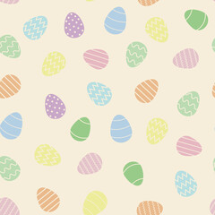 A seamless pattern of Easter eggs of pastel colors on a beige background. Eggs in a flat style of pink, green, yellow and purple. Pattern for postcards, wrapping paper, wallpaper, screensavers