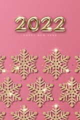 2022 New Year card template with decorative snowflakes and glittering 3d numbers on pink background