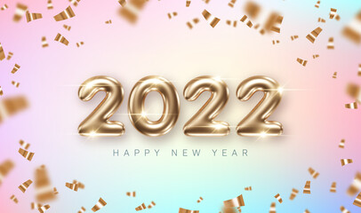 Obraz na płótnie Canvas 2022 New Year card template with golden 3d numbers and confetti on light multicolored background