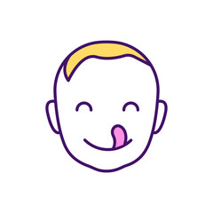 Fototapeta premium Baby hunger cues RGB color icon. Smacking, licking lips. Infant behavior. Active movements. Feeding baby. Identifying starvation signals. Natural reflex. Showing interest. Isolated vector illustration