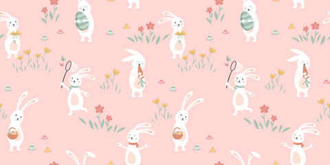 Cute hand drawn Easter seamless pattern with Bunnies and Easter decoration, Egg hunt, cute poses, great for textiles, banners, wallpapers, prints - vector design