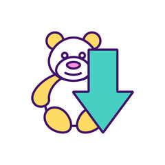 Reducing too many toys RGB color icon. Toddler playtime. Minimizing toy clutter, distraction. Imagination development. Play possibilities. Enhancing cognitive development. Isolated vector illustration