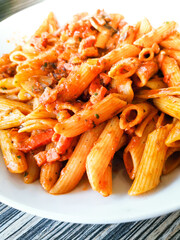 Tasty pasta, Italian tomato sauce pasta on the table